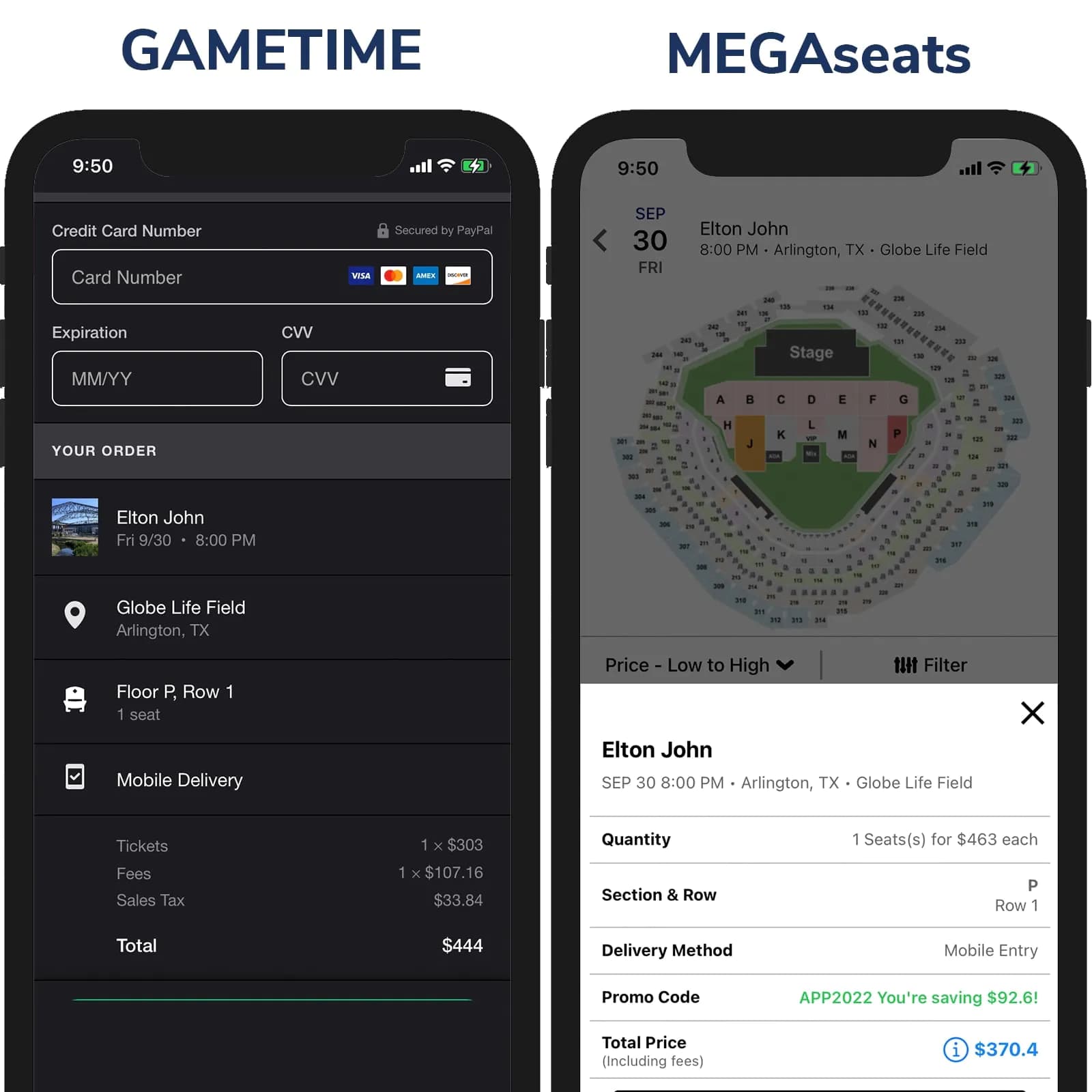Screenshot of Ticketmaster price vs MegaSeats Price on Checkout Page
