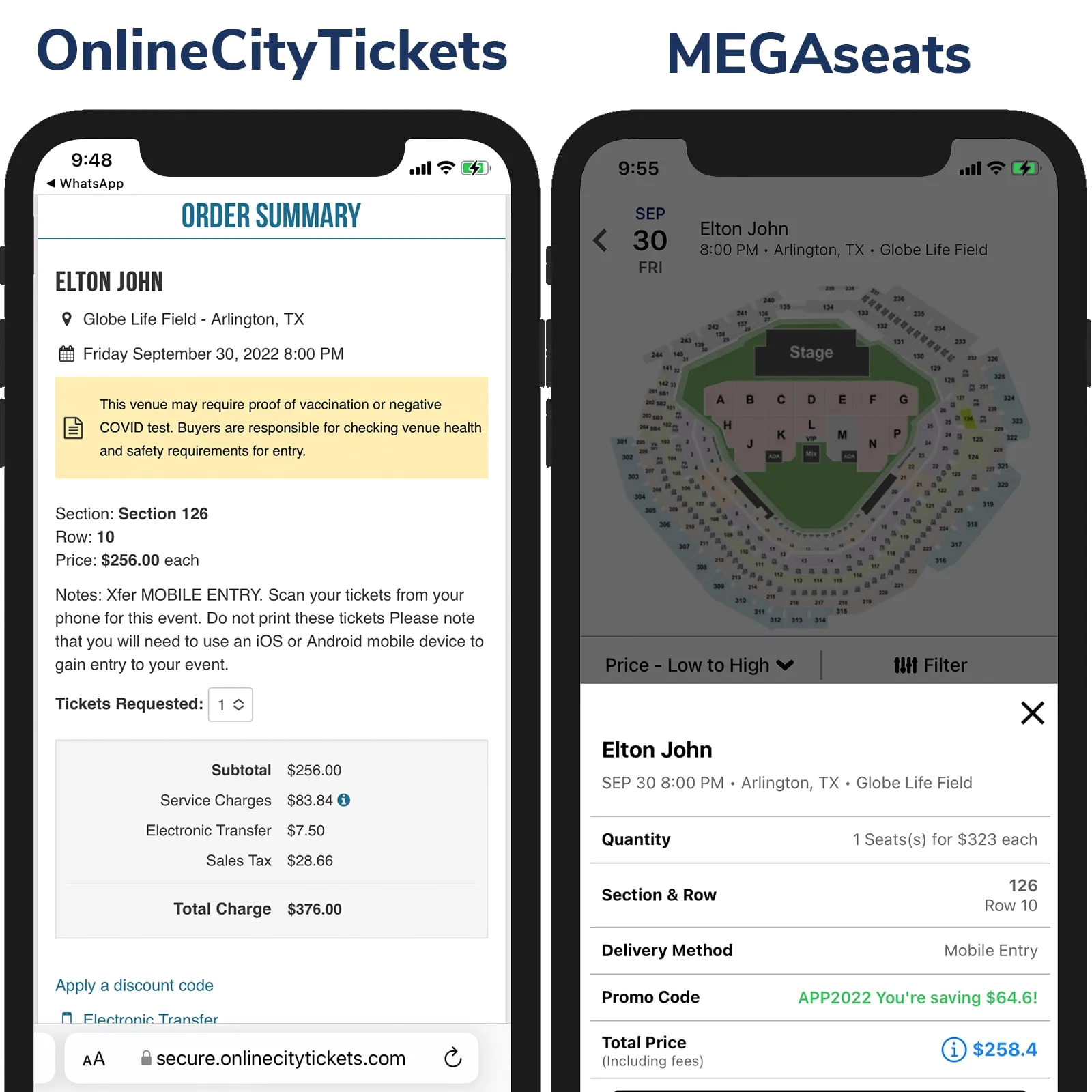 Screenshot of Ticketmaster price vs MegaSeats Price on Checkout Page