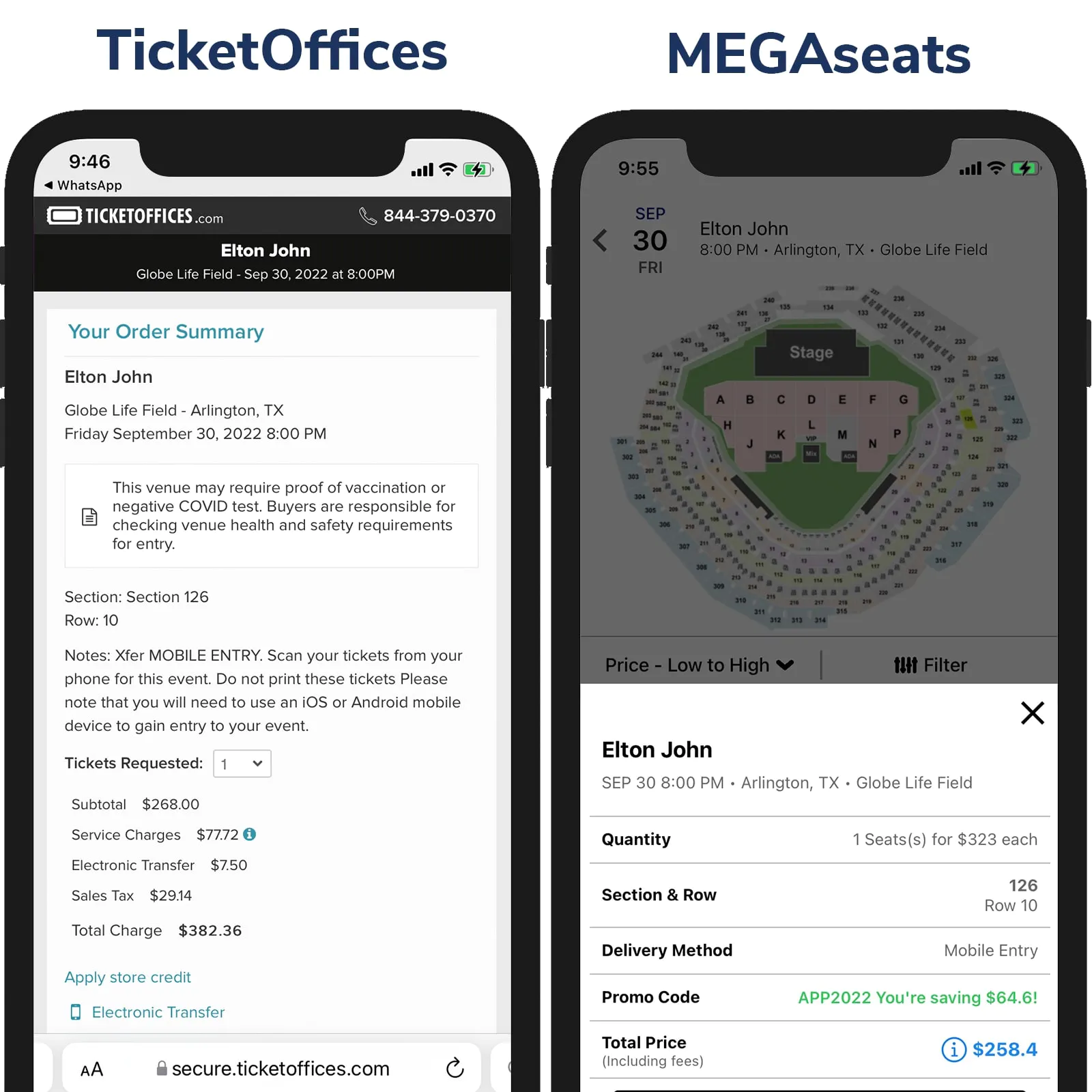 Screenshot of Ticketmaster price vs MegaSeats Price on Checkout Page
