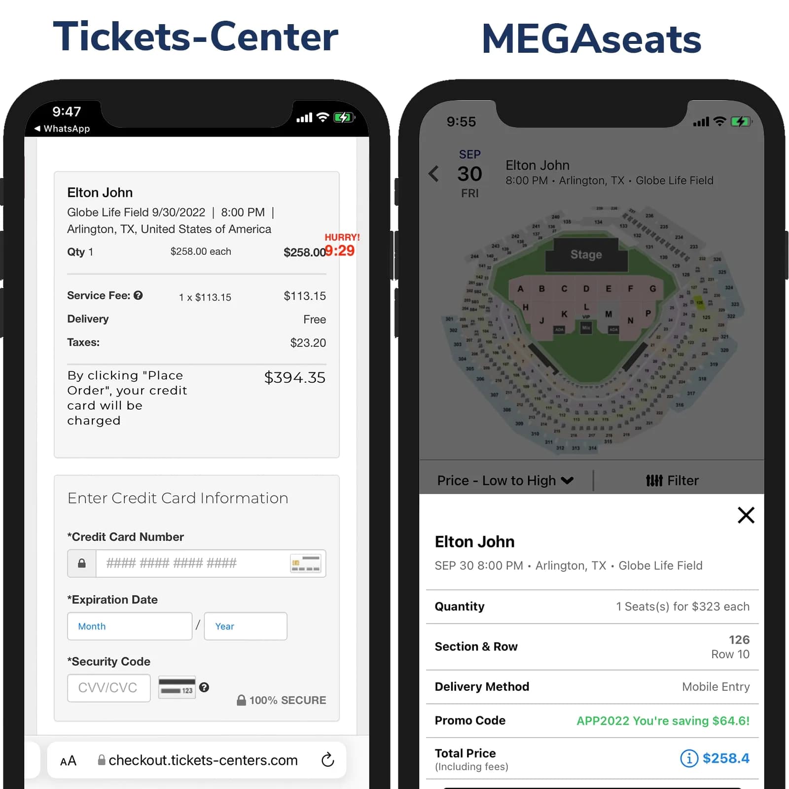 Screenshot of Ticketmaster price vs MegaSeats Price on Checkout Page