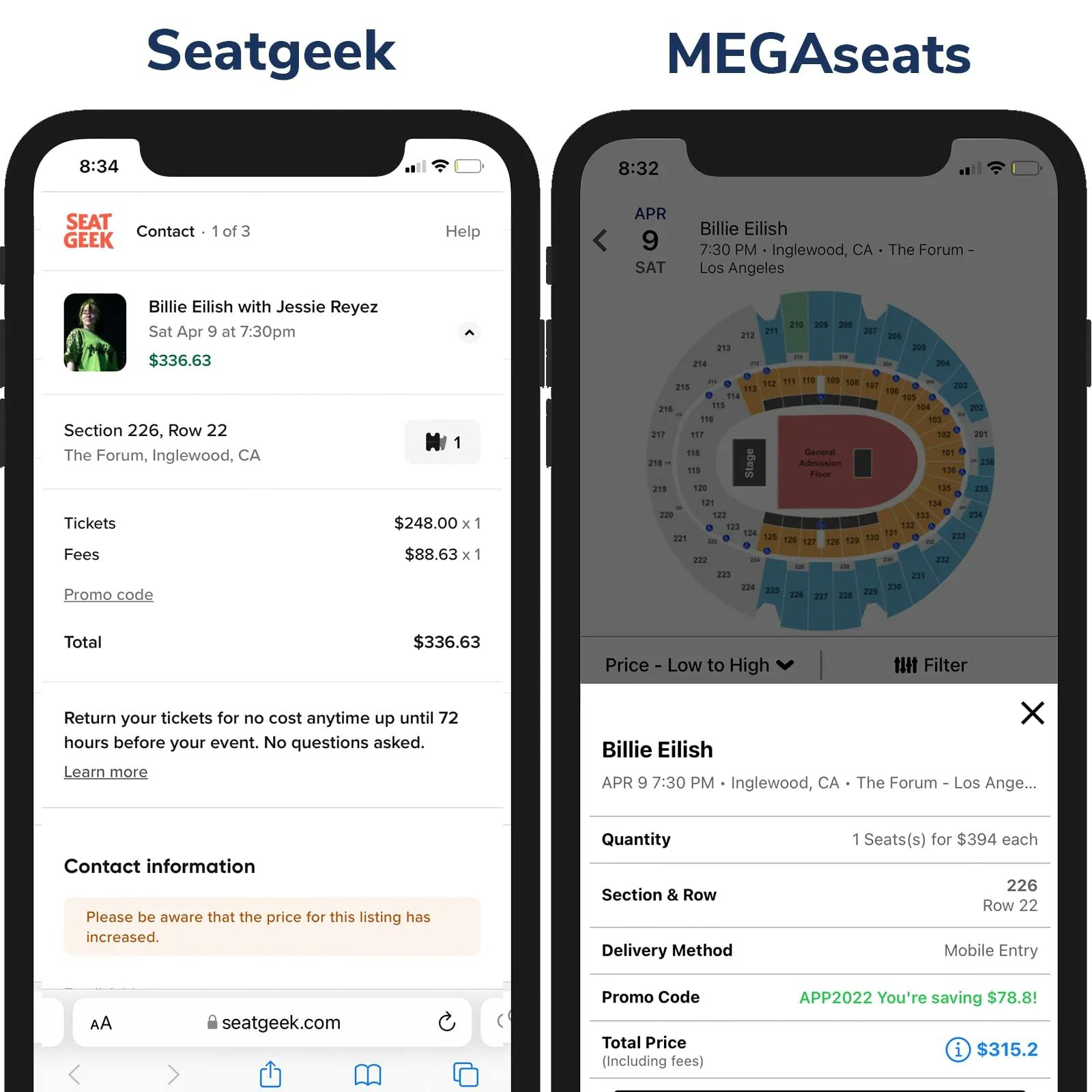 Screenshot of Ticketmaster price vs MegaSeats Price on Checkout Page