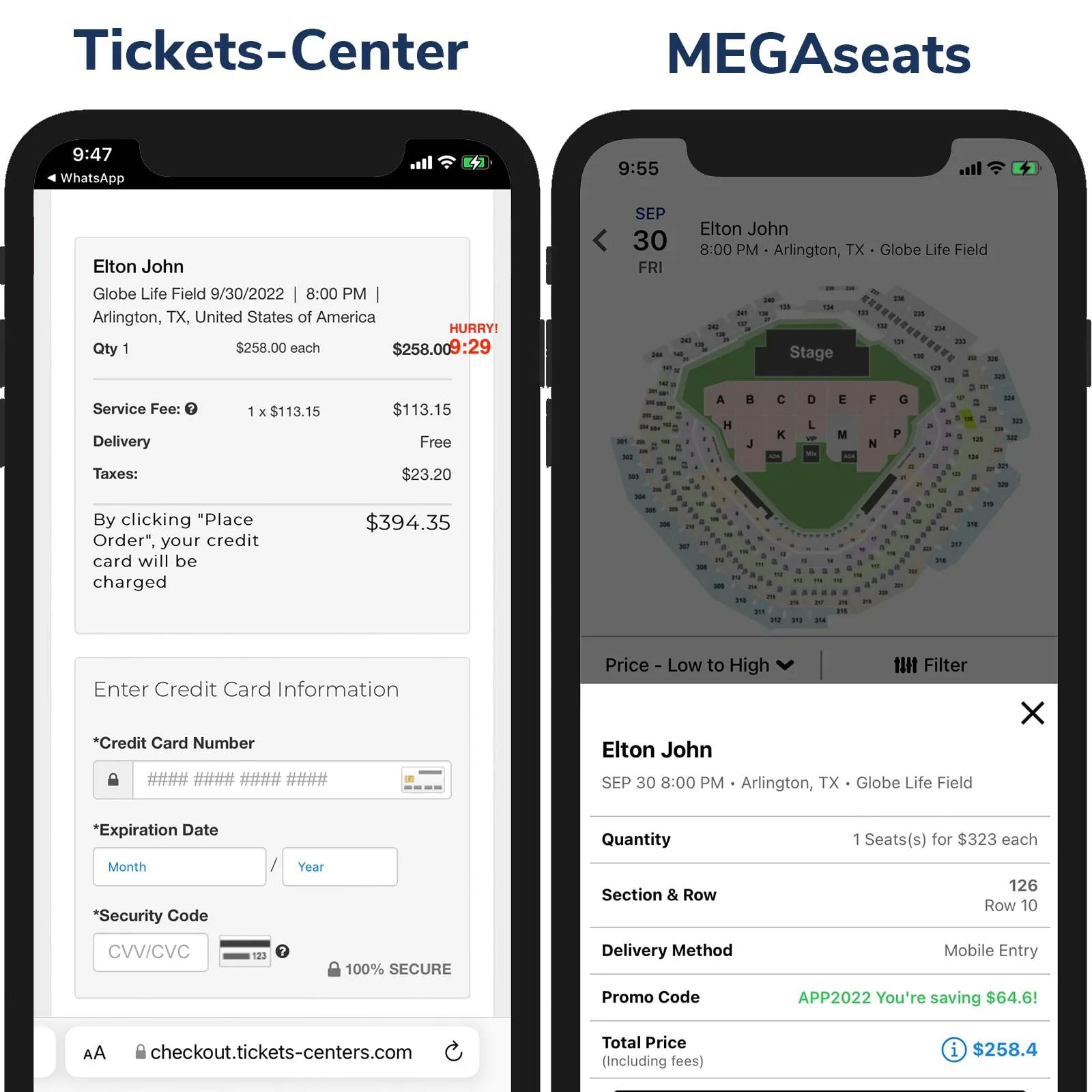 Screenshot of TicketMaster price vs MegaSeats Price on Checkout Page