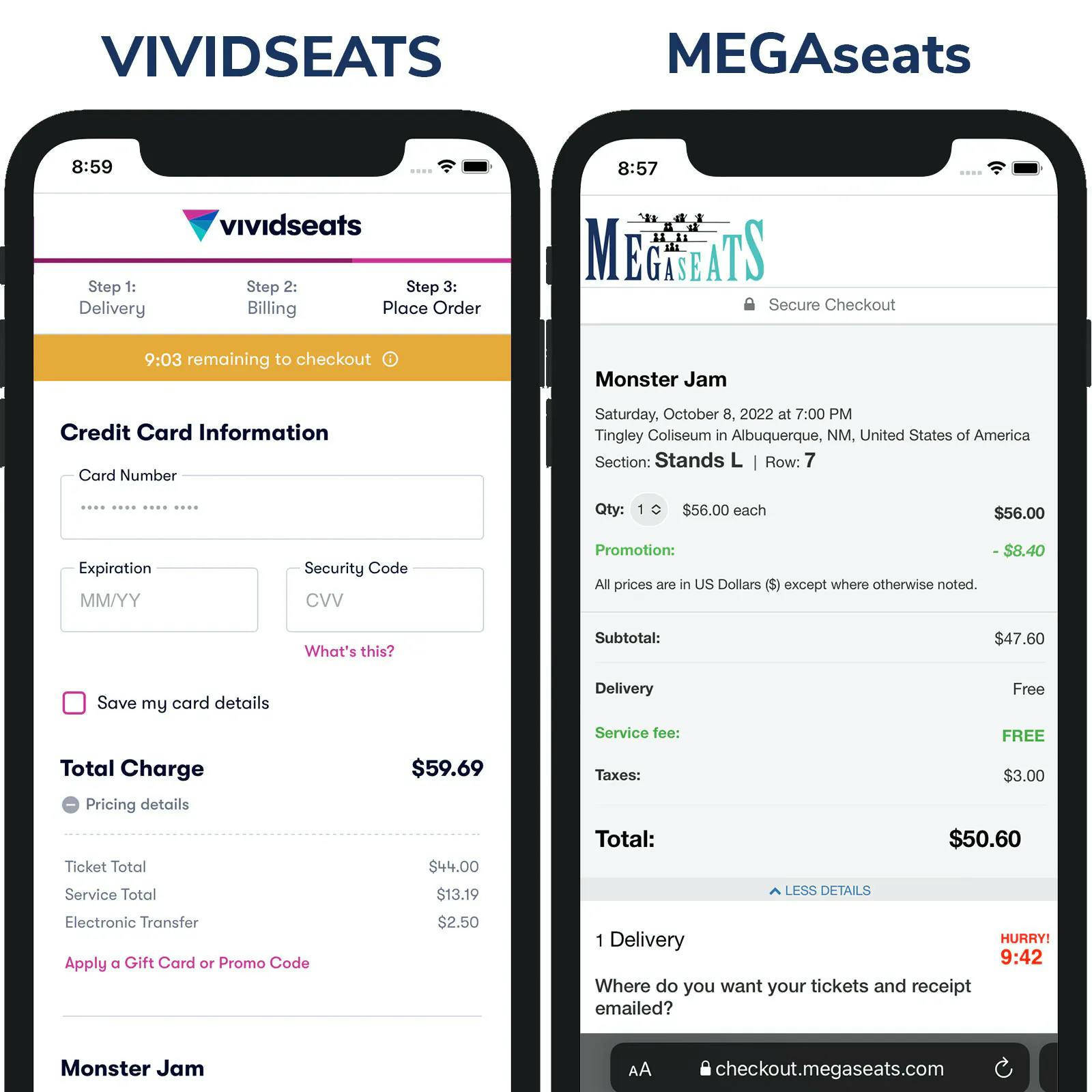 Screenshot of TicketMaster price vs MegaSeats Price on Checkout Page