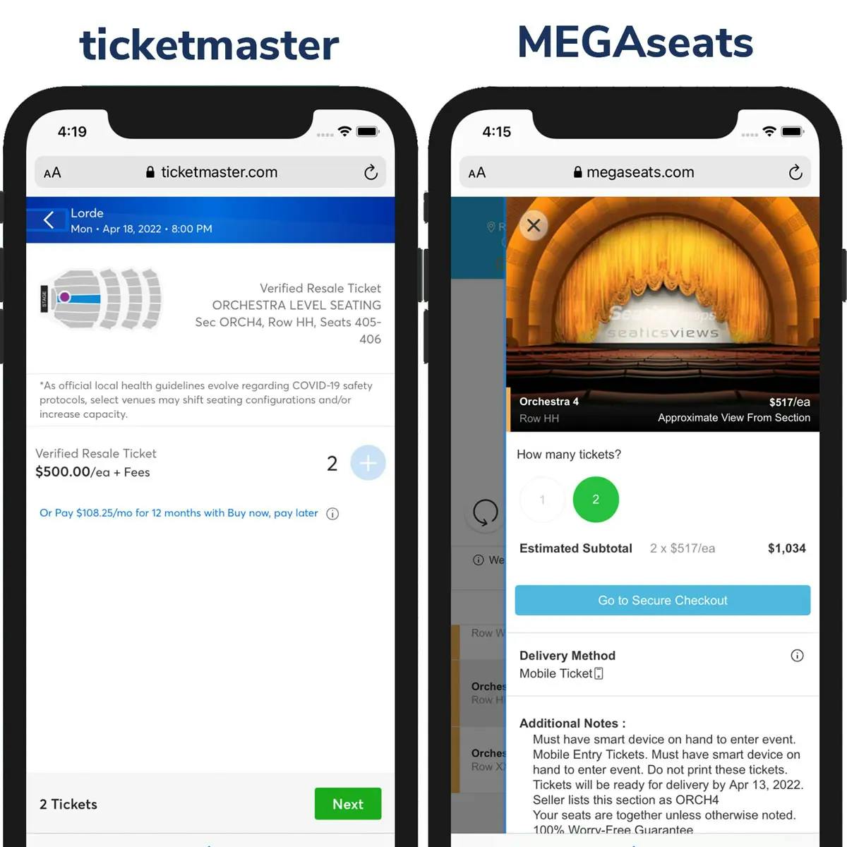 Screenshot of Ticketmaster price vs MegaSeats Price on Maps Page